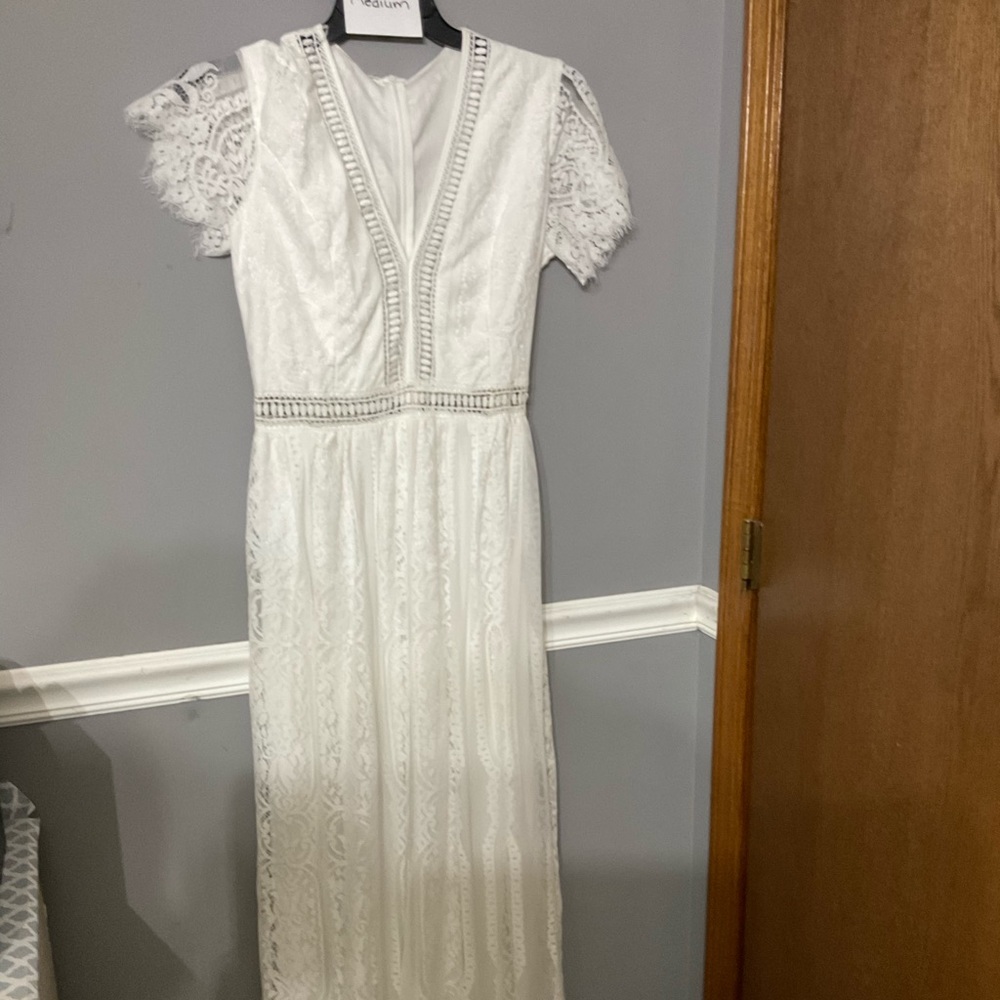 White lace floor length dress